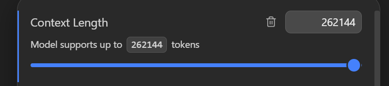 LM Studio's Context Length slider, showing a model with a 262,144-token trained maximum