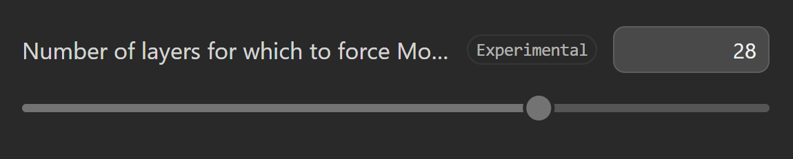 LM Studio's "Number of layers to force MoE to CPU" slider at 28 — pushing the first 28 layers' experts to system RAM