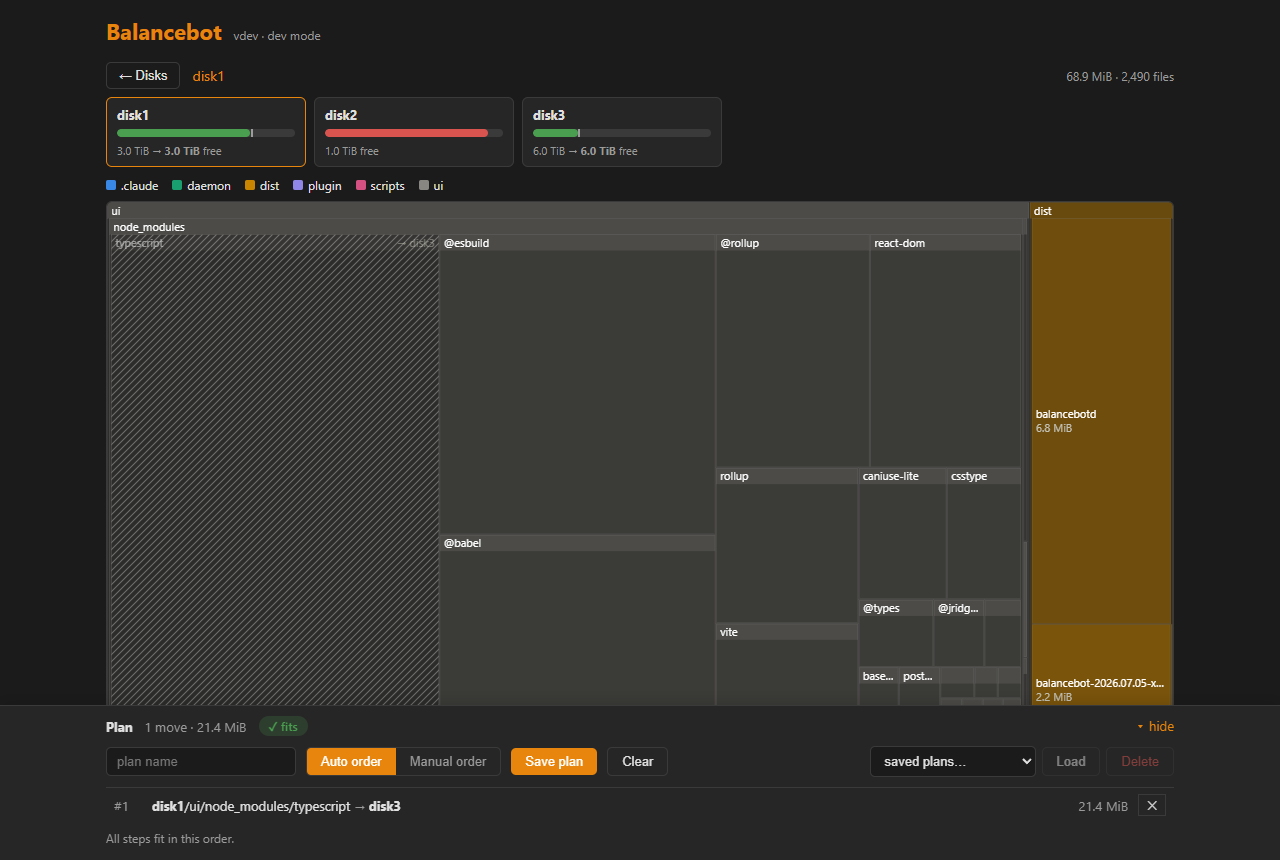 Drag a folder to another disk: source hatched, move queued, free space reprojected.