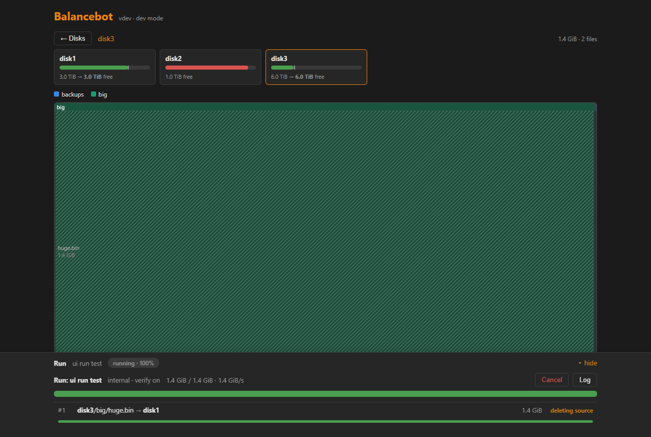 Live execution — copy → verify → delete, per-step progress, rate and ETA.